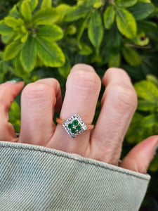 0729: Vintage: 9ct Gold Emeralds Diamonds Geometric Set Ring- lovely symmetry