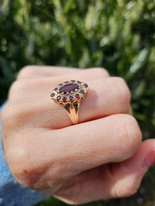 1476: Vintage: 9ct Gold 13 Navette Set Garnets Cluster Ring- From 1977
