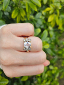 1022: Vintage:: 9ct Gold Pink Morganite Diamonds Cocktail Ring- FAB