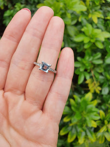 5706: Vintage; 18ct White Gold Princess Cut Aquamarine 10 Diamonds Dress Ring- -  Elegant eye candy