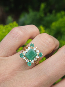 2085: Vintage; 14ct Gold Emeralds Diamonds Geometric Set Cocktail Ring- exquisite symmetry