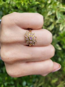 8259: Vintage; 9ct Gold Pink Sapphires Diamonds Flower Head Cocktail Ring