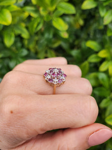 8219: Vintage: 9ct Gold 12 Rubies 7 Diamonds Large Flower Head Cluster Ring