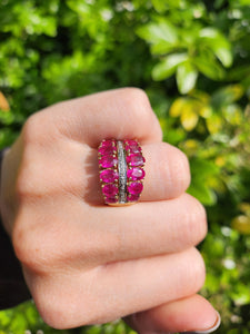1731: Vintage: 9ct Gold Rubies 20 Diamonds Tiered Cluster Ring- a statement piece
