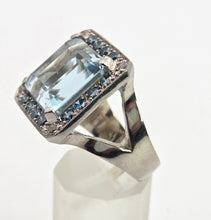 Load image into Gallery viewer, VINTAGE; 14ct White Gold Large Emerald Cut Aquamarine (13.9ct) , Blue Diamonds Statement Cocktail Ring
