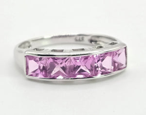 2184: Vintage; 9ct White Gold Pink Sapphires Stacker/Dress Ring- petite, pink and cute