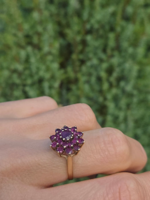 6438: Vintage; 9ct Gold 21 Rubies Flower Head Cocktail Ring- From 1979