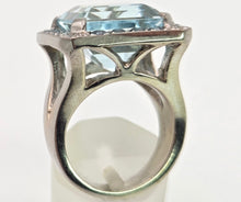 Load image into Gallery viewer, VINTAGE; 14ct White Gold Large Emerald Cut Aquamarine (13.9ct) , Blue Diamonds Statement Cocktail Ring
