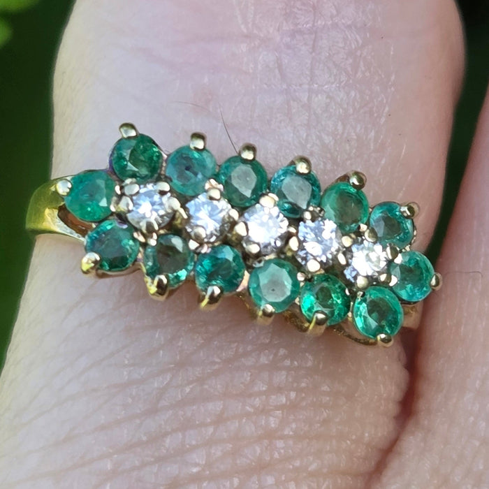 Vintage: 9ct Yellow Gold Emerald & Diamond Triple Row Ring — From 1989