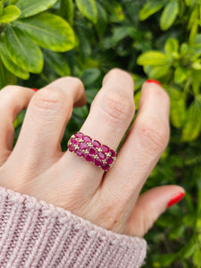 0965: Vintage: Substantial 9ct Gold Rubies Diamonds Geometric Set Ring- fabulous