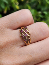 Load image into Gallery viewer, 1840: Vintage: 9ct Gold Lattice Work 7 Rubies Dress Ring- Lovely symmetry
