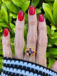 7767: Vintage Fabulous 9ct Gold Almandine Garnets Amarillo Citrines Cocktail Ring- beautiful colour combination