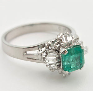 Vintage: Platinum Emerald Cut Emerald Diamonds Cocktail Cluster Ring