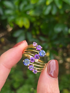 2053: Vintage: 9ct Gold Iolite Amethysts Abstract Cocktail Ring- Inspirationl