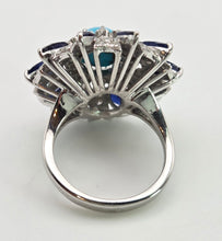 Cargar imagen en el visor de la galería, 2269: Vintage: 14ct White Gold Turquoise, Blue Sapphires, 56 Diamonds Statement Cluster Ring
