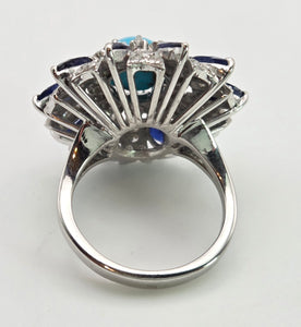 2269: Vintage: 14ct White Gold Turquoise, Blue Sapphires, 56 Diamonds Statement Cluster Ring