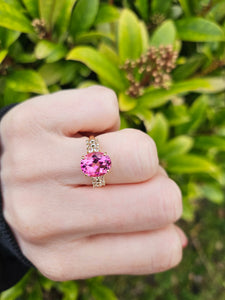 1330: Vintage: 9ct Gold Pink Topaz, Glacier Topaz, Diamonds Ring- Barbie beauty,