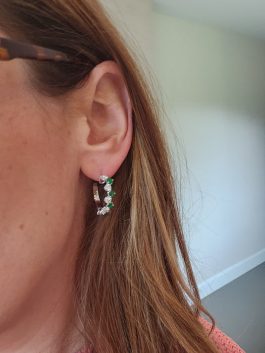 2914: Vintage (1975) Exceptional 18ct White Gold Emeralds Diamonds Hoop Earrings- elegance personified