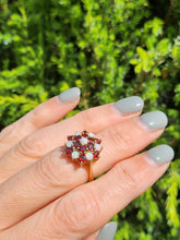Load image into Gallery viewer, 1596: Vintage:&nbsp; 9ct Gold White Opals Red Garnets Flowerhead Cluster Ring- From 1972
