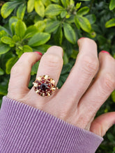 Load image into Gallery viewer, 0938: Vintage: 9ct Gold Rich Red Garnets Floral Custer Ring- Pre-1975- Flower power
