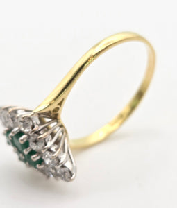 2318: Vintage: 18ct Gold Emeralds Diamonds Marquise Set Art Deco Style Ring- From 1977