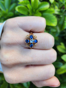 8311: Vintage: Ornate 9ct Gold Geometric Set Sapphires Ring- Date Mark 1975