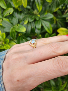 1306: Vintage: 9ct Gold Geometric Set White Opals Rubies Dress Ring- beautifully paired