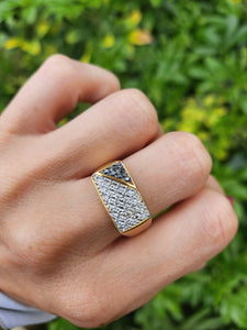 6106Vintage: Heavy 9ct Gold Black White Diamonds Signet Ring- sparkling statement