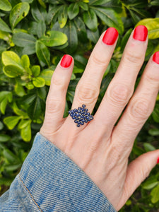 1249: Vintage: Iconic 9ct Gold French Blue Sapphires Geometric Cluster Ring