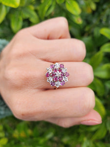 8219: Vintage: 9ct Gold 12 Rubies 7 Diamonds Large Flower Head Cluster Ring