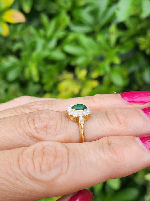 1901: Antique: 18ct Gold Green Jade Seed Pearls Cluster Ring- Petite, Elegant, Cute