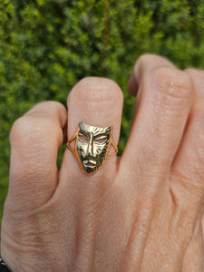 1336: Vintage: 9ct Gold "Theatrical Mask" Ring- a fun conversation piece.