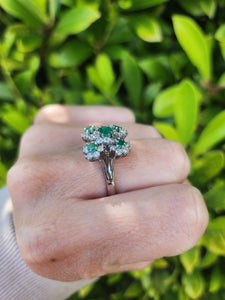 7410: Vintage; 18 White Gold Emeralds Diamonds Statement Cocktail&nbsp; Ring- Fabulous