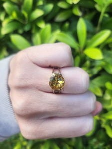 7610: Vintage: 9ct Gold Hypnotic Round Cut Yellow Citrine Diamonds Cocktail Ring.