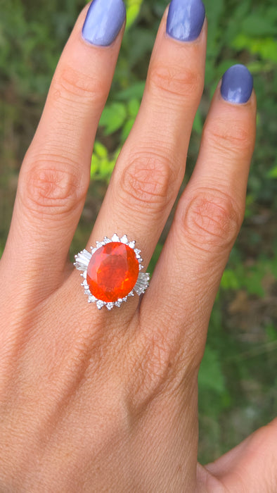 Vintage: 14ct White Gold Fire Opal 7.42ct & Diamond 1.44ct Dress Ring