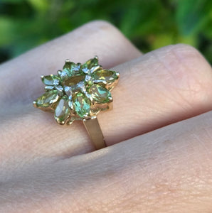 2298 Vintage: 9ct Gold Peridots Natural Diamonds Floral Cluster Ring