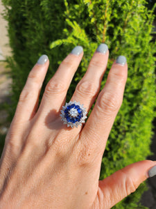 1801: Vintage: 18ct Gold Blue Sapphires Diamonds Target Ring- a fabulous creation