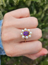 Load image into Gallery viewer, 1358: Vintage 9ct Gold Amethyst Pearls Flower Head Ring- finest quality
