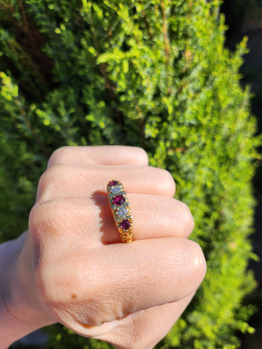 6519 Vintage: 18ct Yellow Gold Ruby & Diamond Five-Stone Carved Half Hoop Ring — From 1978