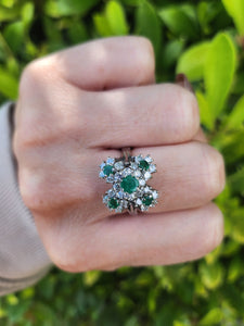 7410: Vintage; 18 White Gold Emeralds Diamonds Statement Cocktail&nbsp; Ring- Fabulous