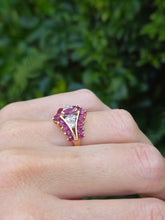 Cargar imagen en el visor de la galería, 0714: Vintage: 14ct Gold Art Deco Style Rubies Diamonds Cluster Ring- striking design
