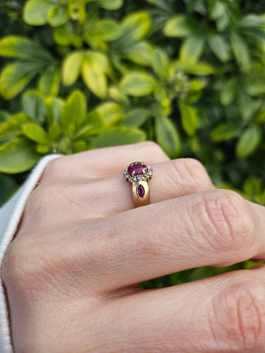 1138: Vintage: 9ct Gold Rubies Diamonds Dress Ring- lovely design&nbsp;