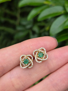 2063: Vintage: 9ct Gold Emerald Diamond Encrusted Stud Earrings- simply gorgeous