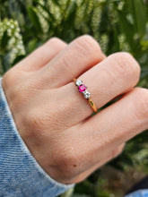 Load image into Gallery viewer, 1528: Vintage; 18ct Gold Ruby Round Cut Diamonds 3- Stone Ring- a very fine example
