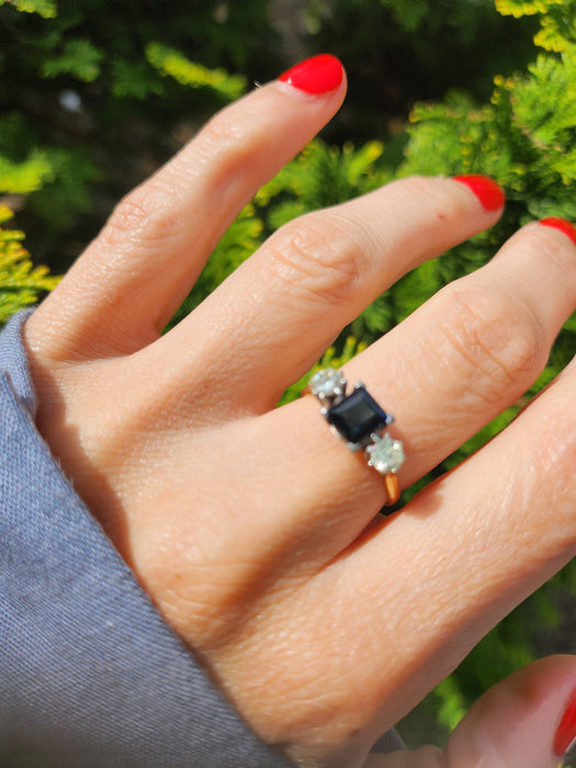 1598 Vintage: 18ct Yellow Gold & Platinum Sapphire & Diamond Three Stone Ring