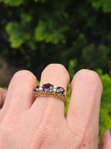 2351: Vintage/Antique: 9ct Gold Rich Red Garnet Seed Pearls Half-Hoop Ring