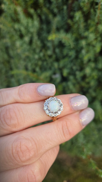 6419 18ct Gold Vivid White Opal 12 Natural Diamonds Halo Ring