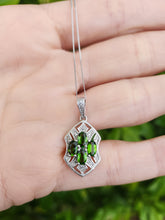 Load image into Gallery viewer, 8278: Vintage:: 9ct White Gold Green Diopsides 10 diamonds Pendant + Necklace (45cm)
