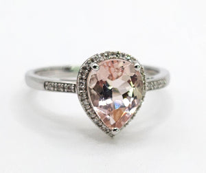 1700: Vintage: 9ct White Gold Pink Morganite 26 Diamonds Dress Ring- petite, sparkling, pink