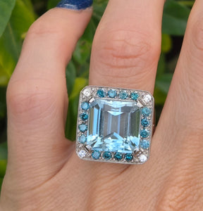 VINTAGE; 14ct White Gold Large Emerald Cut Aquamarine (13.9ct) , Blue Diamonds Statement Cocktail Ring